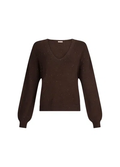 Liu •jo V-neck Brown Sweater With Subtle Micro Sequins In Multi