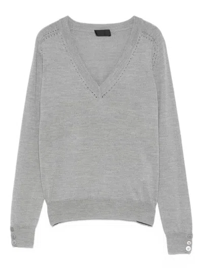 LIU •JO V-NECK GREY SWEATER WITH PERFORATED DETAILING