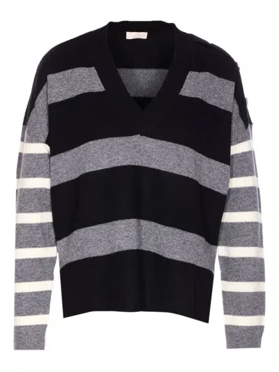 LIU •JO V-NECK STRIPED CROP SWEATER WITH RHINESTONE DETAIL
