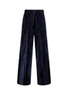 Liu •jo Velvet Navy Blue Wide-leg Trousers With Elastic Waistband In Black