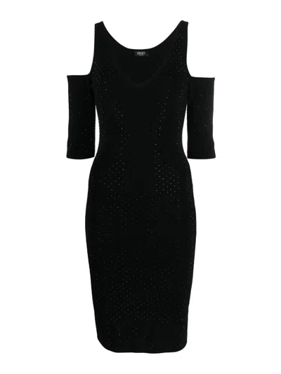 Liu •jo Rhinestone-embellished Cold-shoulder Dress In Black