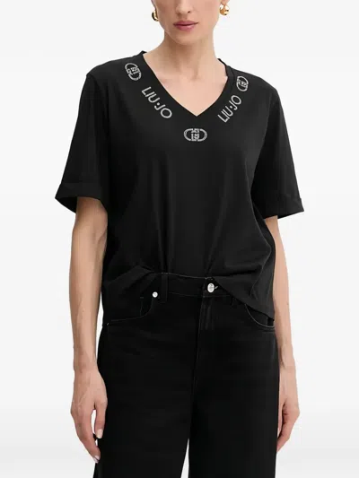 Liu •jo V-neck Embellished T-shirt In Black