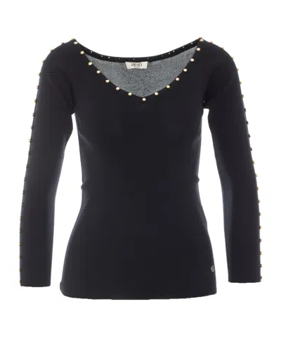 Liu •jo Crystal-embellished Knitted T-shirt In Black