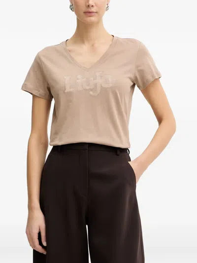Liu •jo V-neck Logo T-shirt In Neutral