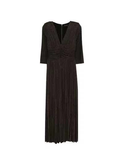 Liu •jo V-neck Pleated Midi Dress In Brown