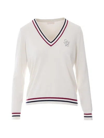 Liu •jo Liu Jo Logo Embellished V-neck Jumper In White