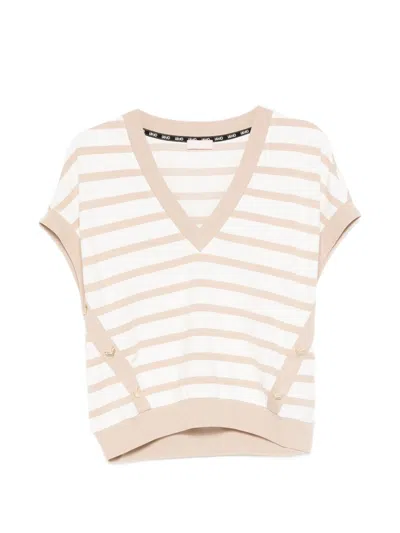 Liu •jo White Beige Striped V-neck Sweater In Multi