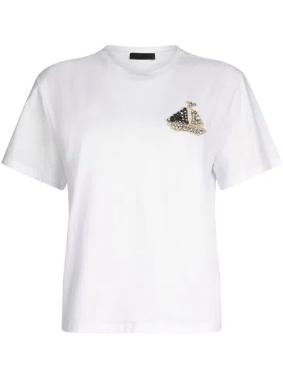 LIU •JO WHITE COTTON T-SHIRT WITH A BOAT NECKLINE