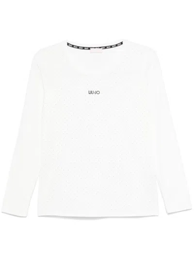 LIU •JO WHITE COTTON T-SHIRT WITH RHINESTONES AND LOGO