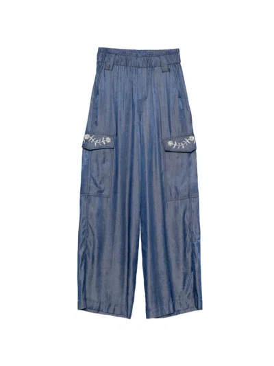Liu •jo White Floral Embroidered Wide-leg Pants In Blue