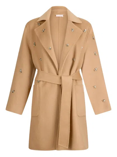 Liu •jo Wool Coat With Bejewelled Embroidery In Brown