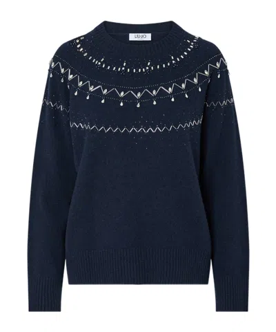 Liu •jo Wool Sweater With Jewel Embroidery In Blue