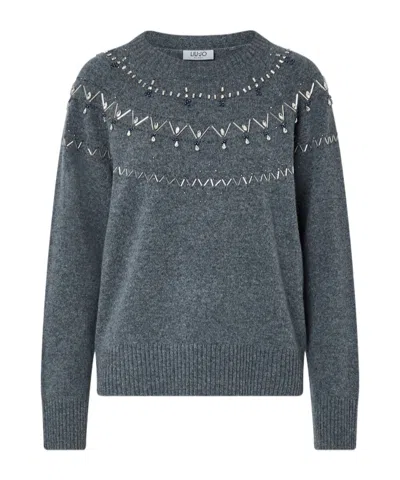 Liu •jo Wool Sweater With Jewel Embroidery In Blue