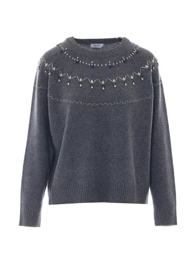 Liu •jo Wool Sweater With Jewel Embroidery In Grey