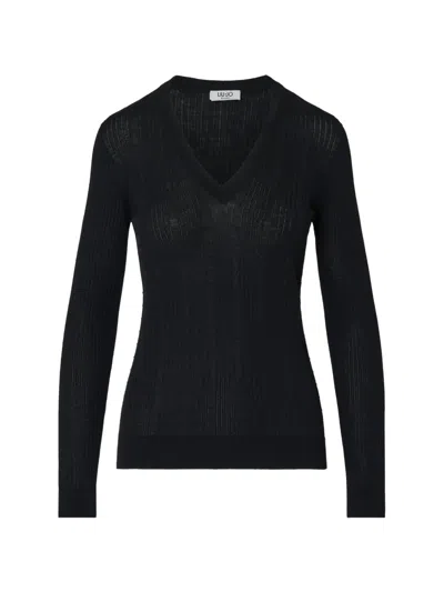 Liu •jo Wool Sweater With V-neck In Black