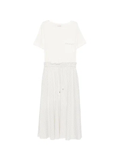 Liujo Abito Midi Con Gonna A Righe E Tascino Sul Petto  In White