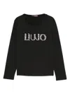 Liujo Black Cotton T-shirt With Logo And Rhinestones  In Black