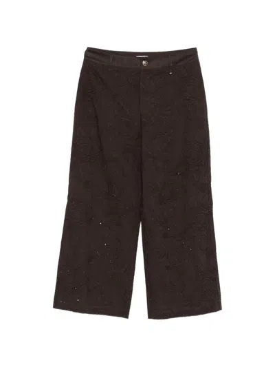 Liujo Brown Trousers With Raised Floral Embroidery