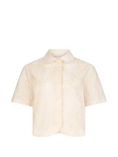 Liujo Cropped Shirt With Raised Floral Embroidery  In Neutral