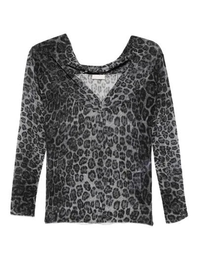Liujo Grauer Pullover Mit V-ausschnitt Im Animalier-look  In Black