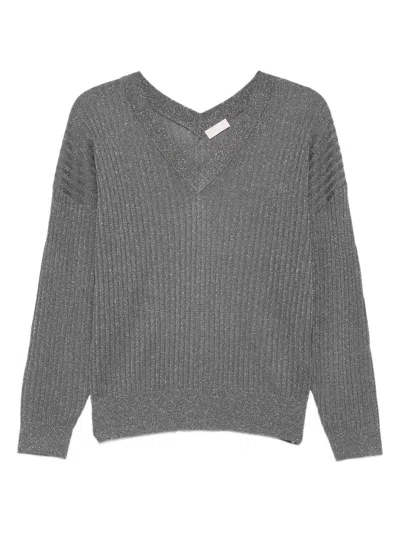 Liujo Grauer Pullover Mit V-ausschnitt Und Strasssteinen  In Gray