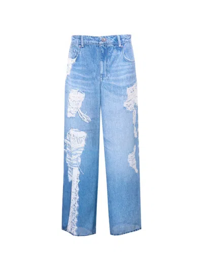 Liujo Jeans Con Dettagli Strappati E Pizzo Bianco  In Blue