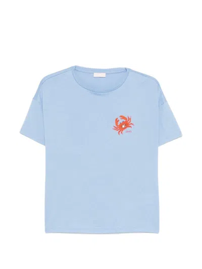 Liujo T-shirt Con Granchietto Ricamato Sul Petto Celeste  In Blue