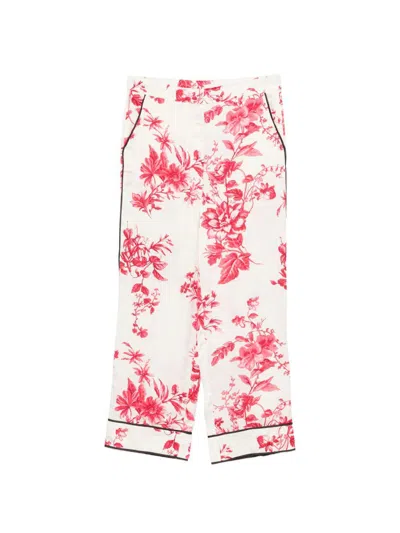 Liujo Pantaloni Bianchi Con Stampa Floreale Rossa  In Multi