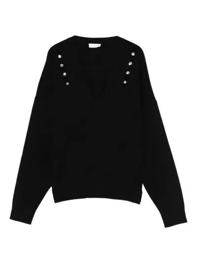 Liujo Schwarzer Pullover Mit V-ausschnitt Und Kristallen  In Black