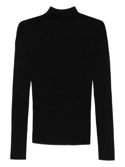 Liujo Schwarzer Rollkragenpullover Aus Wolle, Verziert Und Gesteppt  In Black