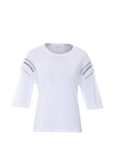Liujo T-shirt Bianca Con Borchiette E Maniche A 3/4  In White