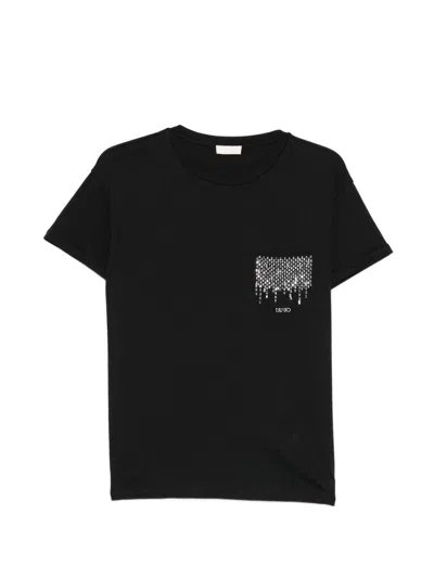 Liujo T-shirt Nera Con Logo E Strass Argentati Sul Petto  In Black