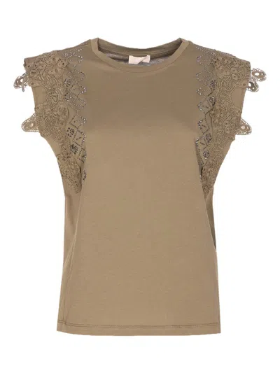 Liujo T-shirt Verde Con Ricami Impreziosita Da Strass  In Brown