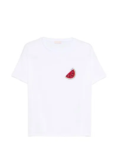 Liujo White Cotton T-shirt With Embroidery On The Chest  In Multi