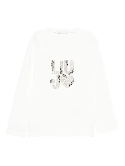 Liujo Kids' White Sweater With Beaded Logo Detail On The Chest  In Neutral