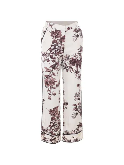 Liujo Pantaloni Bianchi Con Stampa Floreale Marrone  In White