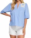 Liv Crochet V-neck Blouse In Chambray In Blue