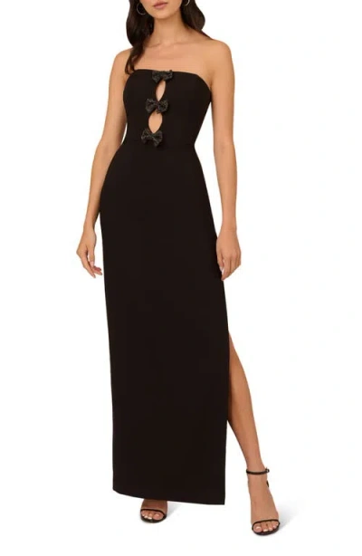Liv Foster Beaded Bow Strapless Crepe Column Gown In Black