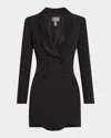 Liv Foster Coco Rhinestone Shawl-collar Crepe Mini Dress In Black