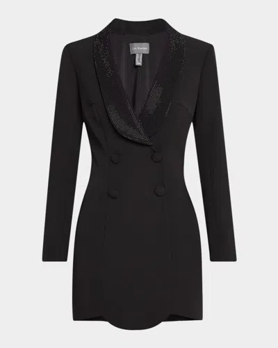 Liv Foster Coco Rhinestone Shawl-collar Crepe Mini Dress In Black