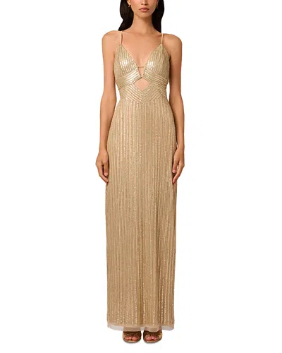 Liv Foster Madelyn Beaded Long Column Gown In Gold
