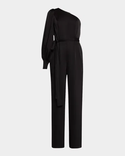 Liv Foster One-shoulder Stretch Satin Jumpsuit In Black