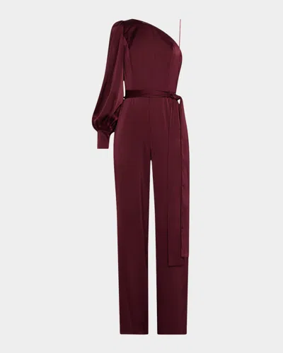 Liv Foster One-shoulder Stretch Satin Jumpsuit In Black Red