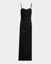 Liv Foster Pleated Side-slit Satin Column Gown In Black