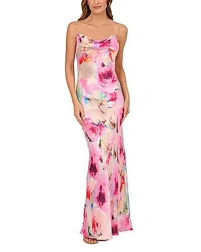 Liv Foster Sateen Cowl Neck Gown In Pink Multi
