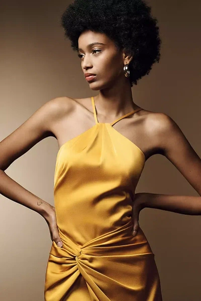 Liv Foster Satin Halter Ruched Gown In Yellow