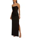 Liv Foster Pleated Side-slit Satin Column Gown In Black