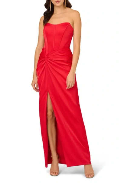 Liv Foster Satin Strapless Draped Column Gown In Chateau Red