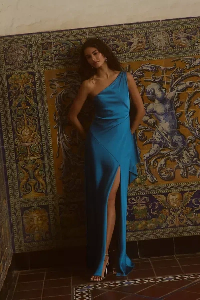Liv Foster Stretch Satin Maxi Dress In Blue