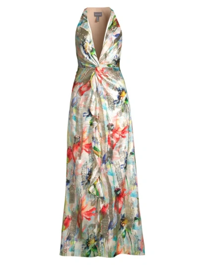 Liv Foster Lv Foster Plunging Printed Jacquard Gown In Gold Multi